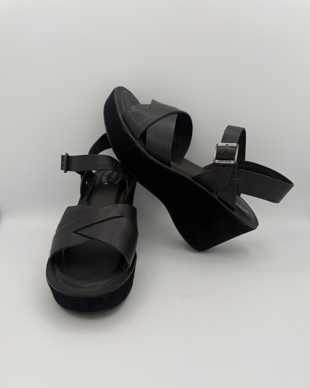 Kork-Ease Ava Wedge Sandal Chunky Iconic Leather Black W Size 11.5 Y2K